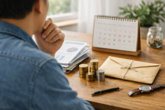 Investisseur en pleine réflexion devant son bureau avec pièces, documents financiers, calendrier et enveloppe