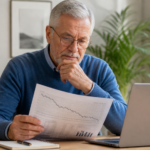 Investisseur senior perplexe analysant un graphique boursier en forte baisse sur papier devant son ordinateur