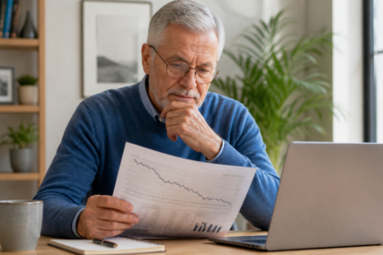 Investisseur senior perplexe analysant un graphique boursier en forte baisse sur papier devant son ordinateur