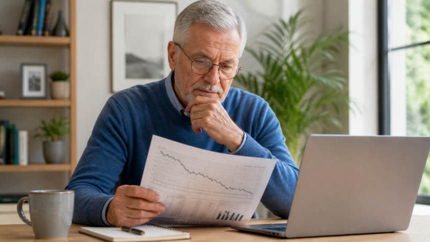 Investisseur senior perplexe analysant un graphique boursier en forte baisse sur papier devant son ordinateur