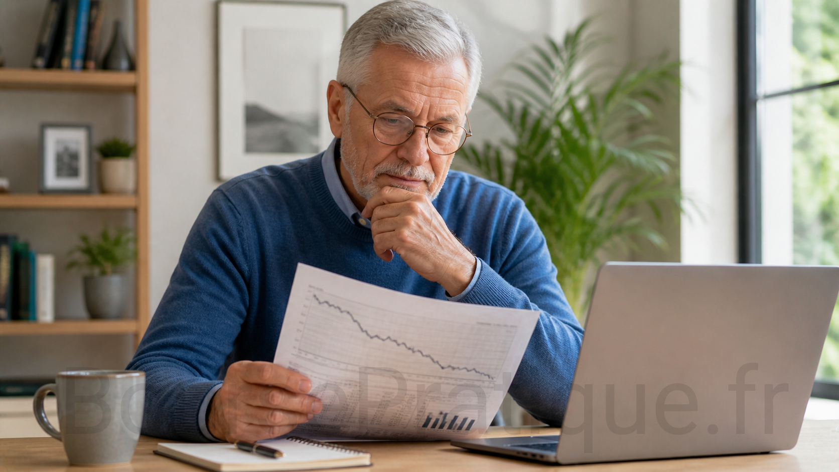 Investisseur senior perplexe analysant un graphique boursier en forte baisse sur papier devant son ordinateur