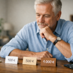 Investisseur senior réfléchissant au montant à investir en bourse : 100 €, 500 € ou 1000 €
