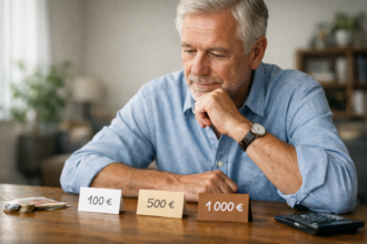 Investisseur senior réfléchissant au montant à investir en bourse : 100 €, 500 € ou 1000 €