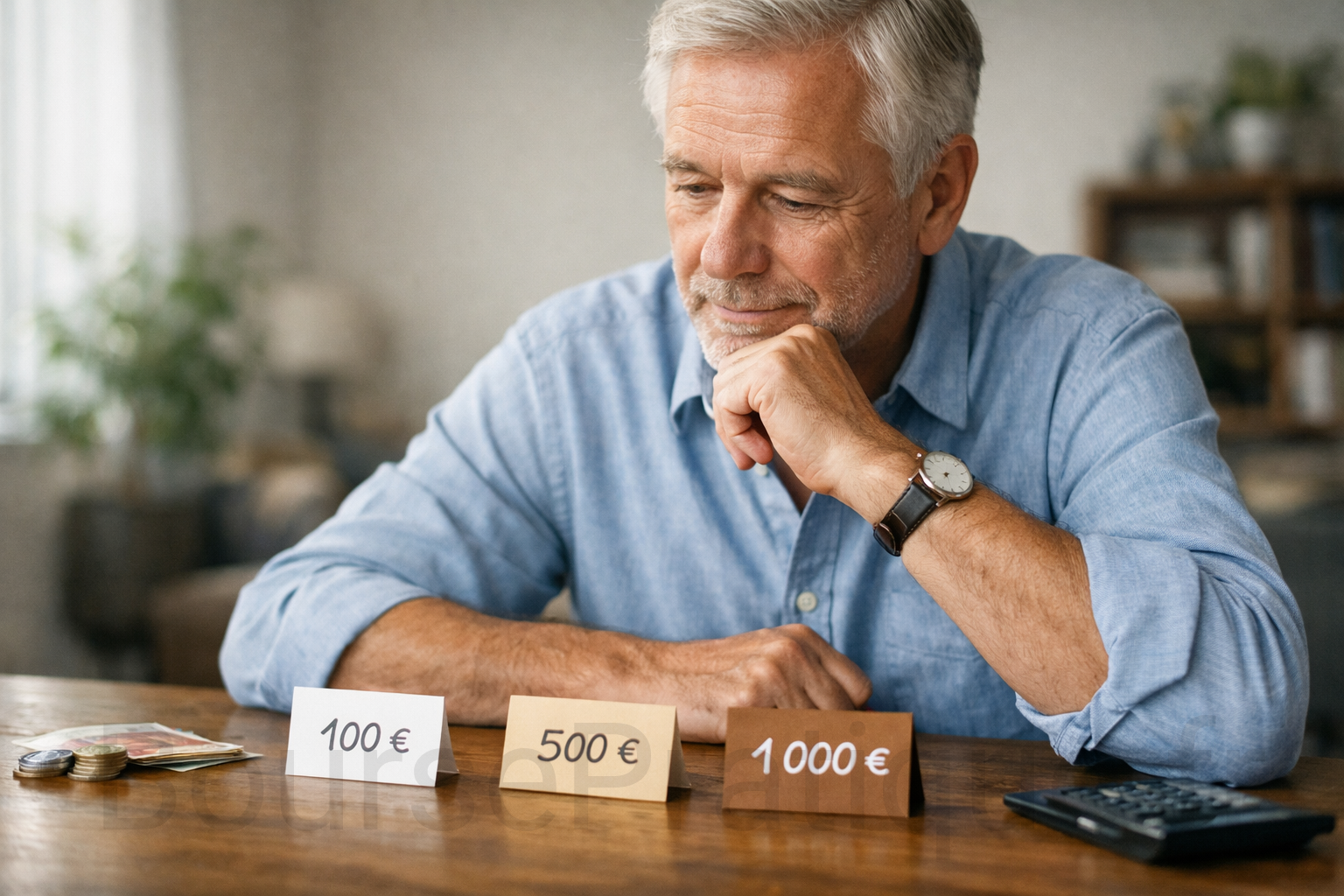 Investisseur senior réfléchissant au montant à investir en bourse : 100 €, 500 € ou 1000 €