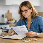 Investisseuse analysant documents boursiers et portefeuille actions sur ordinateur