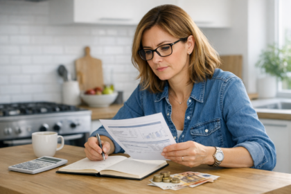 Investisseuse analysant documents boursiers et portefeuille actions sur ordinateur