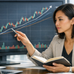 Investisseuse en analyse technique pointant une tendance haussière sur un grand graphique boursier en chandeliers