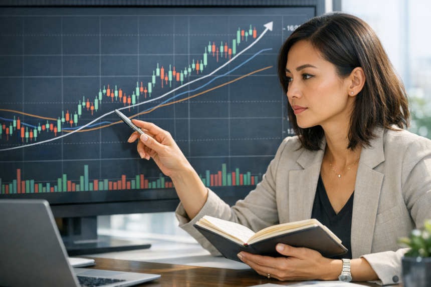 Investisseuse en analyse technique pointant une tendance haussière sur un grand graphique boursier en chandeliers