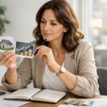 Investisseuse comparant investissement immobilier et bourse avec photos maison et pièces + graphique haussier