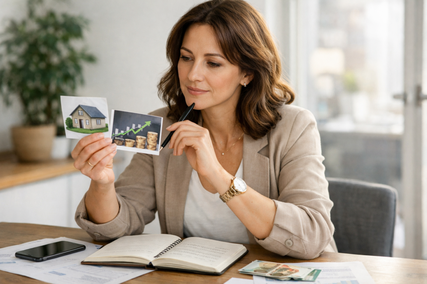 Investisseuse comparant investissement immobilier et bourse avec photos maison et pièces + graphique haussier