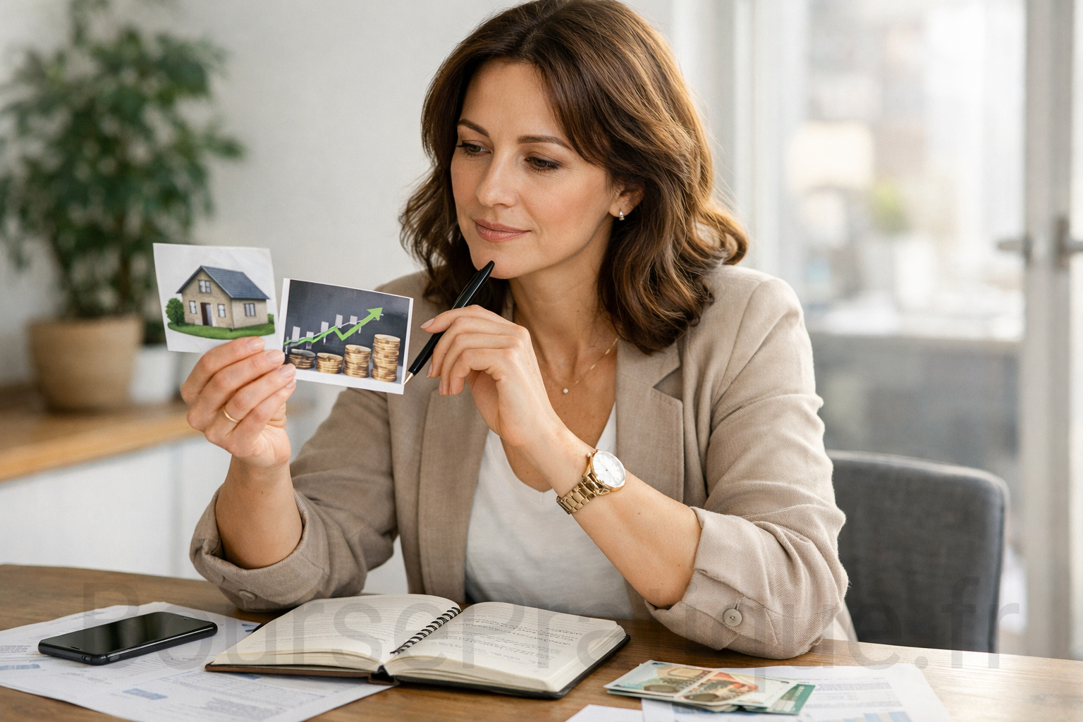 Investisseuse comparant investissement immobilier et bourse avec photos maison et pièces + graphique haussier