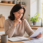 Investisseuse mature en pleine réflexion sur ses documents financiers et rapports boursiers à domicile