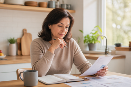 Investisseuse mature en pleine réflexion sur ses documents financiers et rapports boursiers à domicile