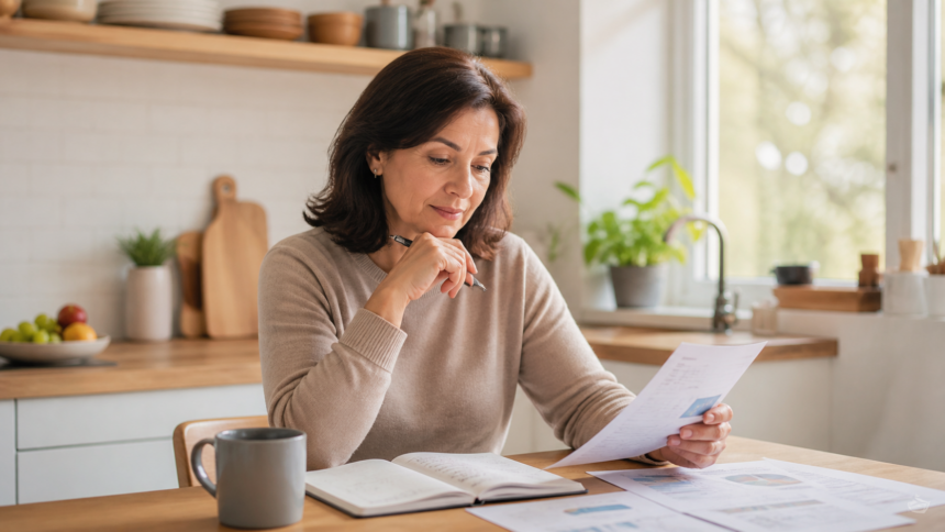 Investisseuse mature en pleine réflexion sur ses documents financiers et rapports boursiers à domicile