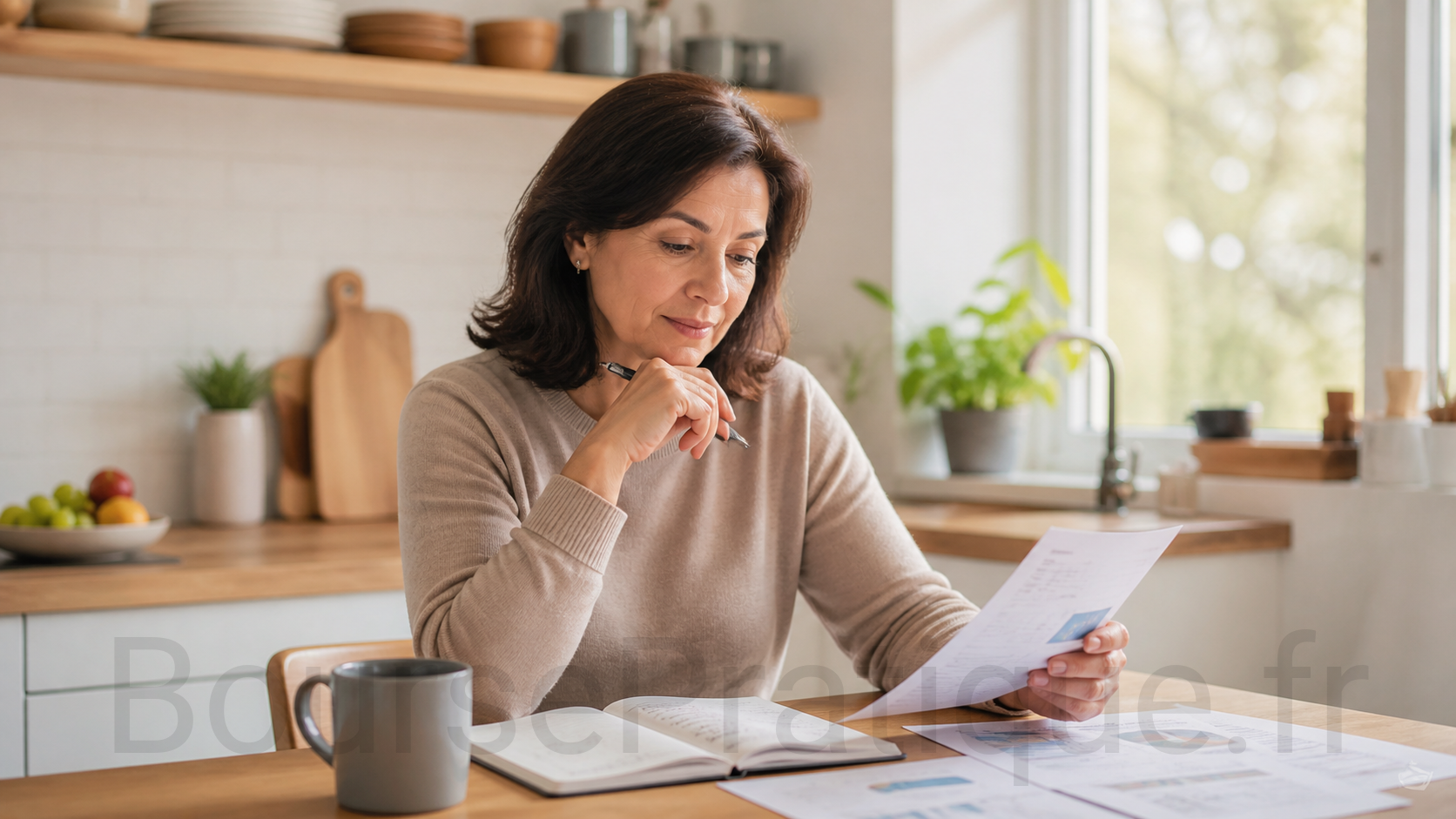 Investisseuse mature en pleine réflexion sur ses documents financiers et rapports boursiers à domicile
