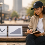 Jeune investisseuse analysant des graphiques boursiers sur un banc en ville et prenant des notes dans son carnet