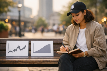 Jeune investisseuse analysant des graphiques boursiers sur un banc en ville et prenant des notes dans son carnet