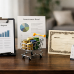 Mini chariot rempli de pièces avec rapport d’entreprise, fonds d’investissement et certificat boursier sur bureau