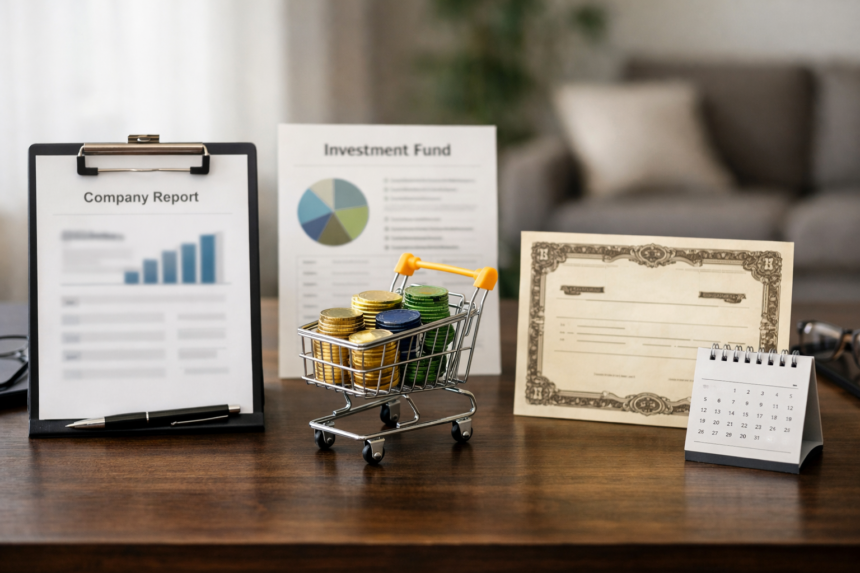 Mini chariot rempli de pièces avec rapport d’entreprise, fonds d’investissement et certificat boursier sur bureau