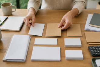 Organisation de documents financiers, enveloppes et papiers sur bureau d’investisseur particulier