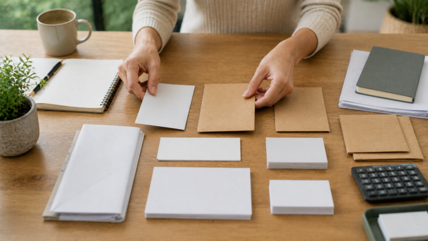 Organisation de documents financiers, enveloppes et papiers sur bureau d’investisseur particulier