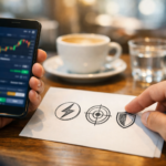 Investisseur consultant graphiques boursiers sur smartphone avec symboles objectifs, rapidité et protection du capital