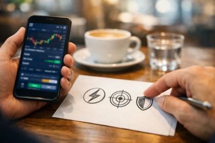 Investisseur consultant graphiques boursiers sur smartphone avec symboles objectifs, rapidité et protection du capital