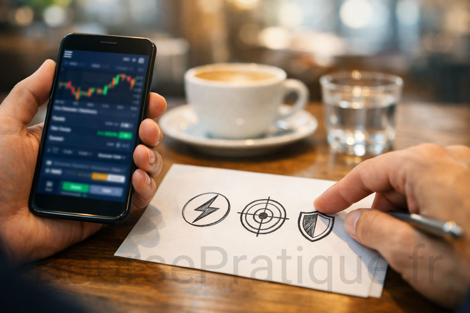 Investisseur consultant graphiques boursiers sur smartphone avec symboles objectifs, rapidité et protection du capital